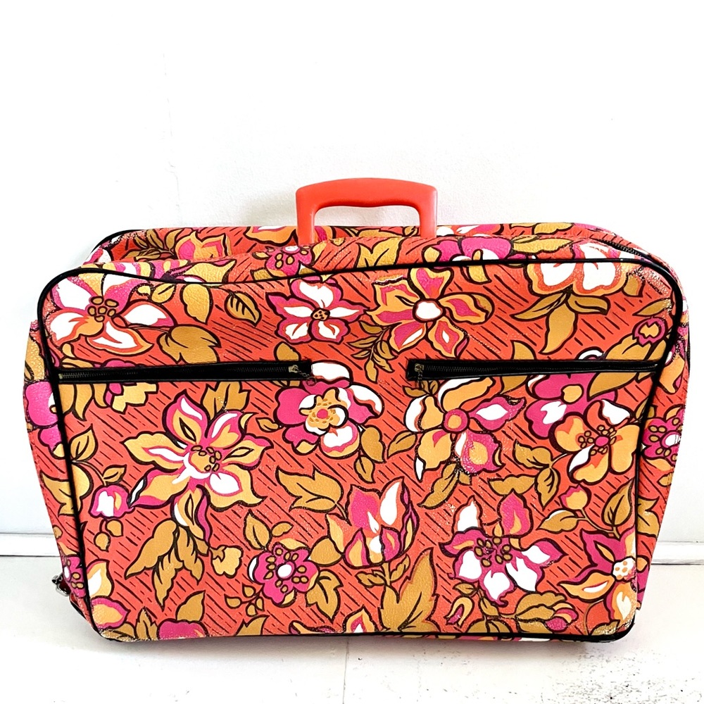 Vintage 60’s mod floral vinyl suitcase orange white & pink
